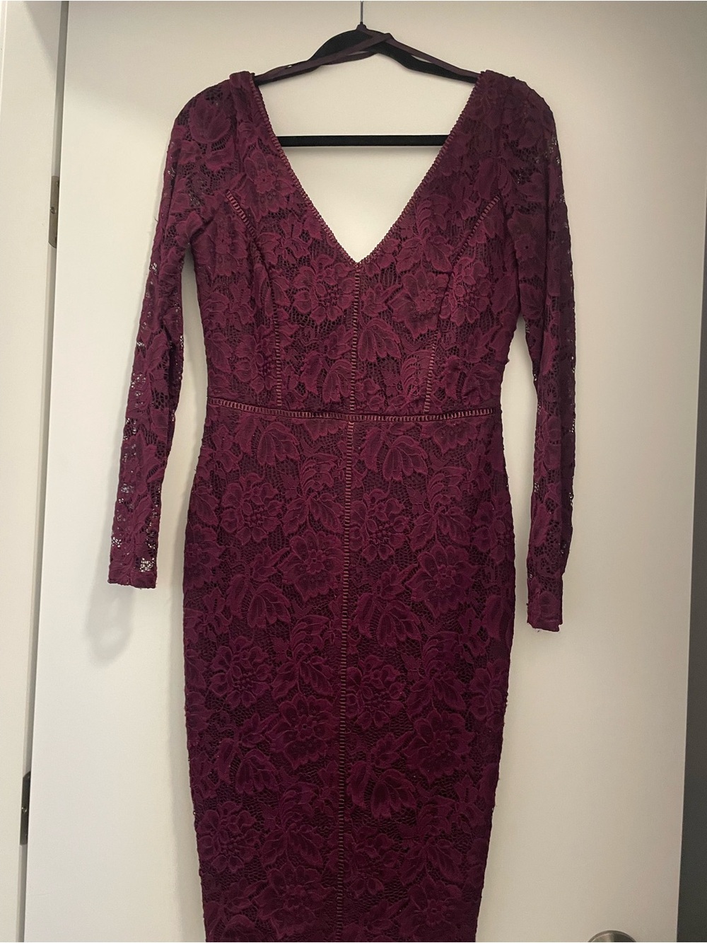 le chateau Long Sleeve Lace Sheath Dress in Wine